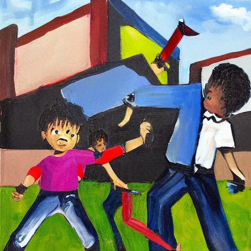 Prompt: painting of children in a schoolyard knife fight