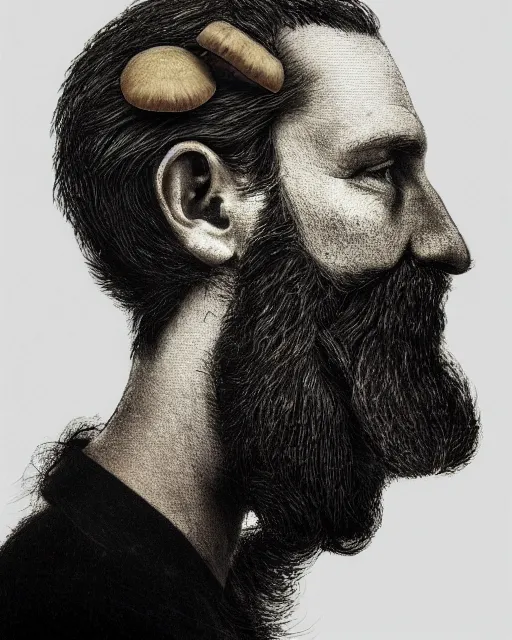 Prompt: a man's face in profile, long beard, made of mushrooms, in the style of the Dutch masters and Gregory Crewdson, dark and moody