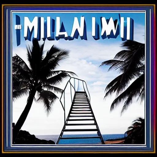 Image similar to miracle musical Hawaii part ii album cover, showing an ocean in the background, spiral transparent stairs on the left with tall palm trees behind it, a slight rainbow in the background, white outline border, moon in the right top area black and white