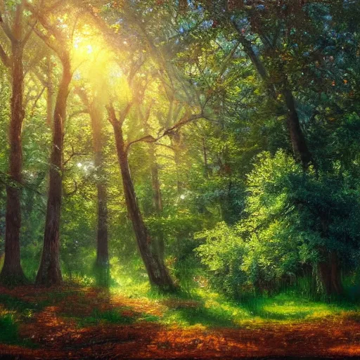 Prompt: oil painting depicting a beautiful forest, there are flowers, big oak trees, grass, there is an audi a4 standing in the middle facing the camera, the sun is shining through the leaves, godrays, fantasy