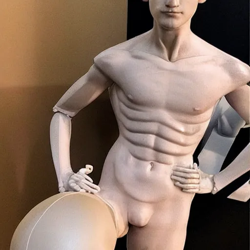 Image similar to “a realistic detailed photo of a guy who is an attractive humanoid who is half robot and half humanoid, who is a male android, twitch streamer Ninja Tyler Blevins, shiny skin, posing like a statue, blank stare, living room”