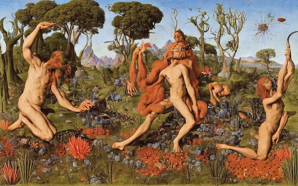 Image similar to a portrait photograph of a meditating satyr and a centaur monk riding a rocket machine and hunting at a river delta. surrounded by bulbous flowers and trees. mountain range under a blue sky of fiery stars. by jan van eyck, max ernst, ernst haeckel, ernst fuchs and artgerm, cgsociety, fashion editorial, 8 k