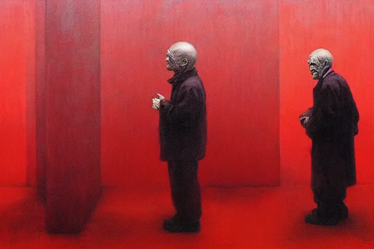 Image similar to only with red, a red old man try to sell a portrait, crowd cheering, in a city square, in the style of beksinski, parts by edward hopper, parts by rodcenko, parts by yue minjun, intricate and epic composition, red by caravaggio, insanely quality, highly detailed, masterpiece, red light, artstation, 4 k