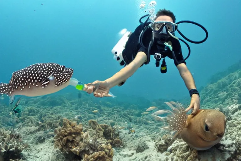 Prompt: Diver handing a glass of water to a thirsty pufferfish