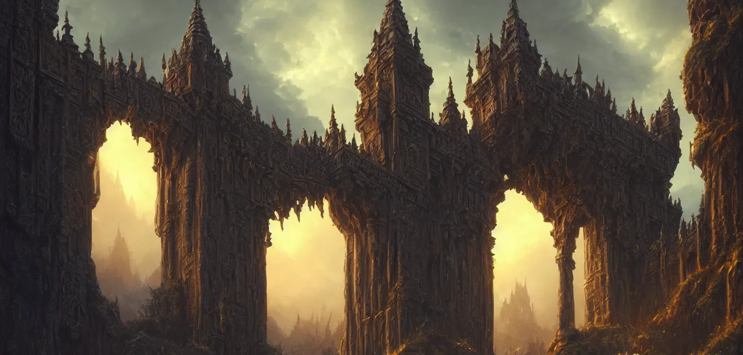 Prompt: an imposing and highly ornamented fantasy gate to castle, carved from sapphire stone, cinematic view, epic sky, detailed, concept art, low angle, high detail, warm lighting, volumetric, godrays, vivid, beautiful, trending on artstation, by jordan grimmer, huge scene, grass, art greg rutkowski