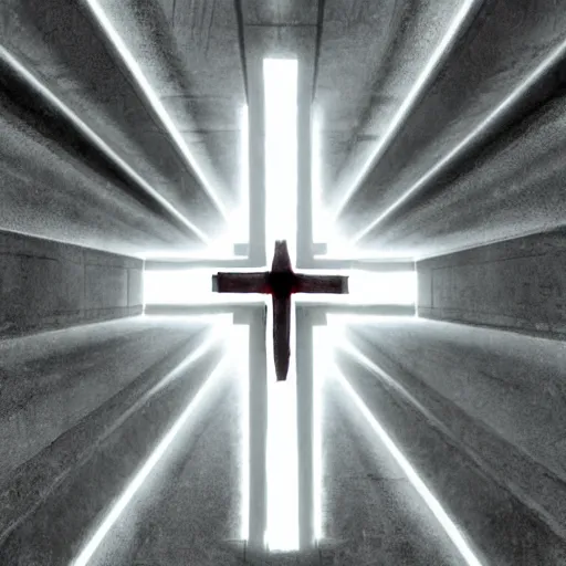 Image similar to a christian cross made out of light at the end of a tunnel, concept art by Doug Chiang cinematic, realistic painting, high definition, digital art, symmetrical, very detailed, extremely high detail, photo realistic, concept art, unreal engine 5,