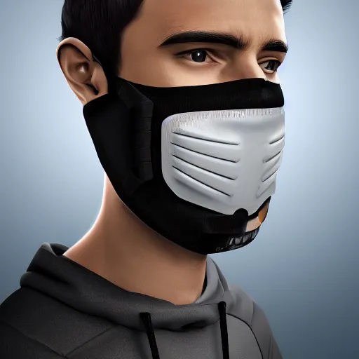 Prompt: a highly detailed headshot portrait of a man wearing a tech mask with a hoodie concept art