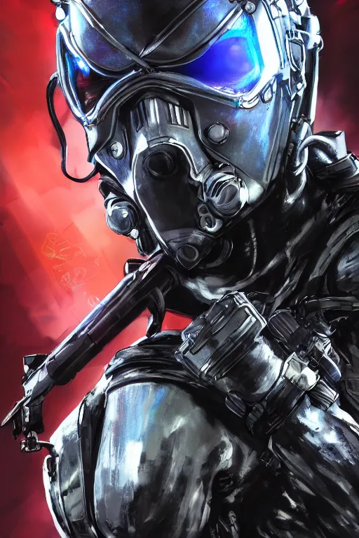 Image similar to cyber cyborg ninja mask helmet metal gear solid artic suit swat commando, global illumination ray tracing hdr fanart arstation by sung choi and eric pfeiffer and gabriel garza and casper konefal, a spectacular view cinematic rays of sunlight comic book illustration, by john kirby