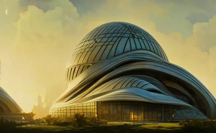 Image similar to exterior shot of utopian architecture building with cinematic lighting by zaha hadid and renzo piano, darek zabrocki and greg ruthkowski, alphonse mucha, simon stalenhag, cinematic, stars, beautiful, holy place, paradise, scifi, futurism, atmospheric, sunset, concept art, artstation, trending on artstation