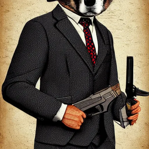 Image similar to a man with a husky's face wearing a suit and holding a gun, Digital art, intricate details, illustration