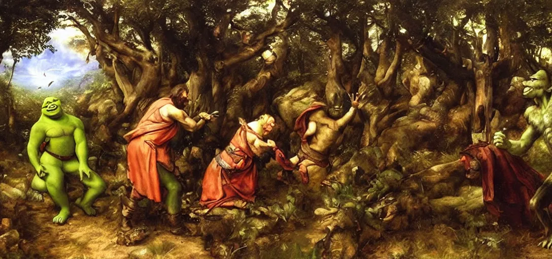 Image similar to shrek in the garden of eden, beautiful painting by jan matejko, rich lighting