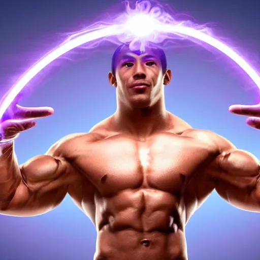 Prompt: a muscular man made of purple energy, wielding two orbs in his hands that are able to manipulate the force of electromagnetism in order to cause chemical changes inside of the orbs.