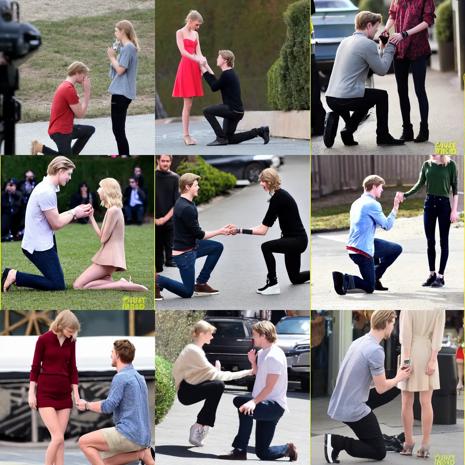 Prompt: paparazzi photo of Joe Alwyn on one knee proposing to Taylor Swift, 4K