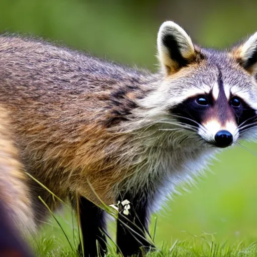 Image similar to an 8k photo of a raccoon hugging a fox