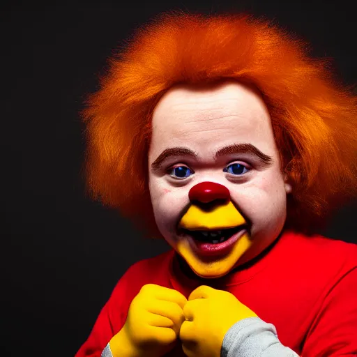 Prompt: portrait of down syndrome midget ronald mcdonald sharp focus, 4 k editorial photograph, soft lighting, black background