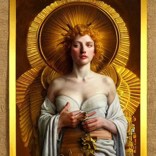 Prompt: highly detailed oil painting | very intricate | cinematic lighting | award - winning | the beautiful angel of the sun wearing a flowing toga | by roberto ferri, by tom bagshaw, by j. c. leyendecker and klimt, beautiful cinematic light, american romanticism, by austin osman spare, artstation, cgsociety, official art, octane