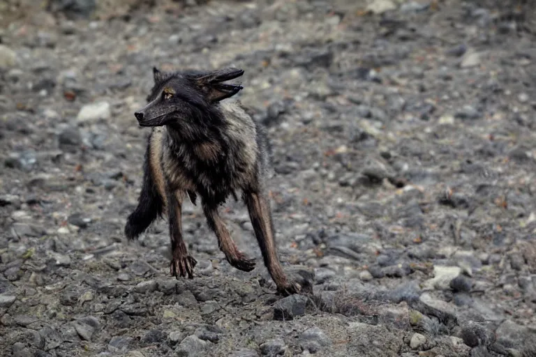 Prompt: ! human wolf crow werecreature, color photograph captured at creek