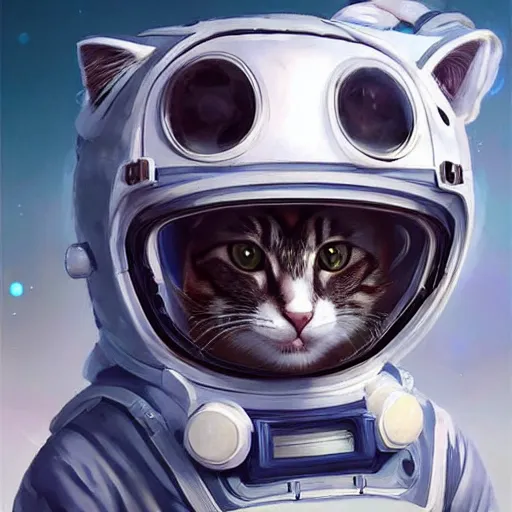 Prompt: head and shoulders masterpiece portrait of a cute adorable cat wearing a spacesuit, surreal background, digital art by krenz cushart, trending on artstation, cgsociety,