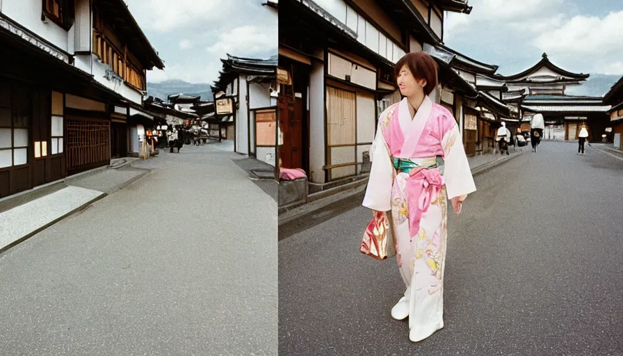 Image similar to 1 9 9 0 s candid 3 5 mm photo of a beautiful day in the a dreamy street in takayama japan designed by gucci, cinematic lighting, cinematic look, golden hour, the clouds are epic and colorful with cinematic rays of light, a girl walks down the center of the street in a gucci kimono, photographed by petra collins, uhd