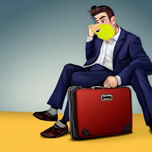 Image similar to A beautiful painting of a man, with what appears to be a dog, in a business suit with a suitcase. The man's eyes are wide and his mouth is open, as if he is screaming. The dog is also in a business suit and is looking at the man with a perplexed expression. The background is a swirl of colors and shapes. studio lighting, light violet by Wim Wenders straight