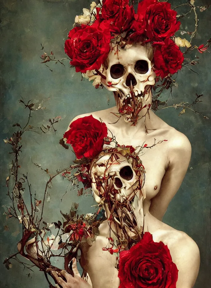 Prompt: transparent woman in a mask of a bird\'s skull with a wreath of roses, dressed in a dress of red boiling liquid wax, from under which the bones of the skeleton are visible, flying around the bird, buds and rose petals, dark background, painted by Caravaggio, Greg rutkowski, Sachin Teng, Thomas Kindkade, Alphonse Mucha, Norman Rockwell, Tom Bagshaw.