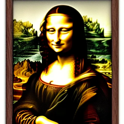 Image similar to da vinci's mona lisa, with the face of an owl, photographed on display in a frame in the louvre