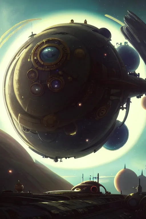 Image similar to steampunk spaceship infront of a planet, exquisite details, denoised, mid view, by karl kopinski, artsation, greg rutkowski, makoto shinkai, takashi takeuchi, studio ghibli