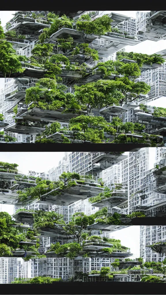 Image similar to 5 - panel comic page layout. crowd talking about sustainable futuristic building in a urban setting. ultrarealistic matte painting on white page. the building has many deep and tall balconies covered in plants and trees. thin random columns, large windows, deep overhangs. plants hang from balconies. greeble articulated details with plants. 8 k, uhd.