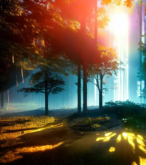 Image similar to daydreaming of the sun glares, fluidity transparent dance of the blockchain sheets, cyberpunk forest, majestic light, octane render, beauty fog, ethereal glare of the sun, raining rainbow, volumetric lighting, hyperealistic, epic, masterpiece