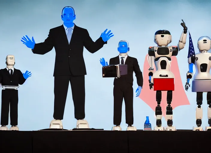 Image similar to dystopian propaganda style human robot dictator giving a speech to human robots next to two large flags with robot heads on them