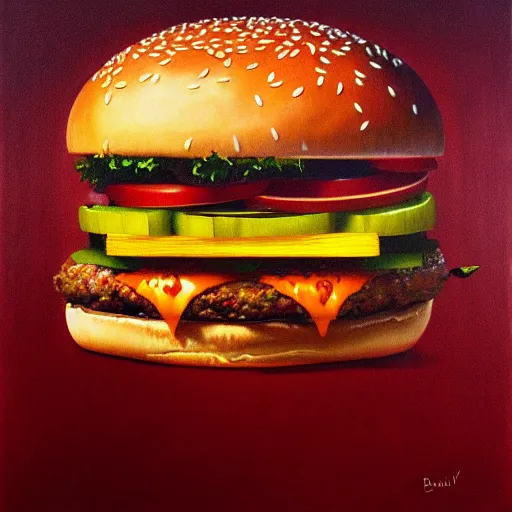 Image similar to painting of a burger with a mouth in the style of beksinski