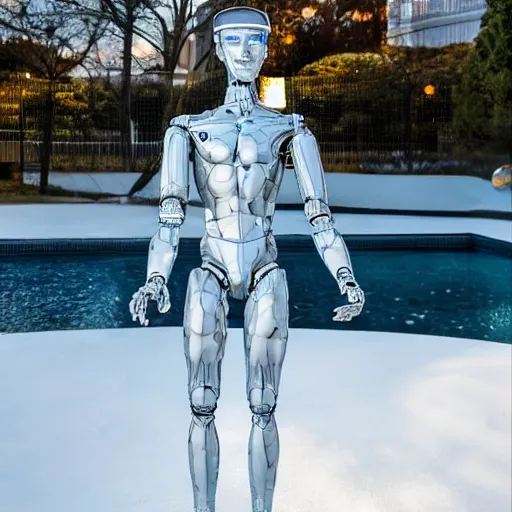 Image similar to made of ice, a realistic detailed photo of a guy who is an attractive humanoid who is half robot and half humanoid, who is a male android, on display, blank stare, showing off his muscles, shiny skin, posing like a statue, by the pool, frozen ice statue, twitch streamer / gamer ludwig, humanoid robot