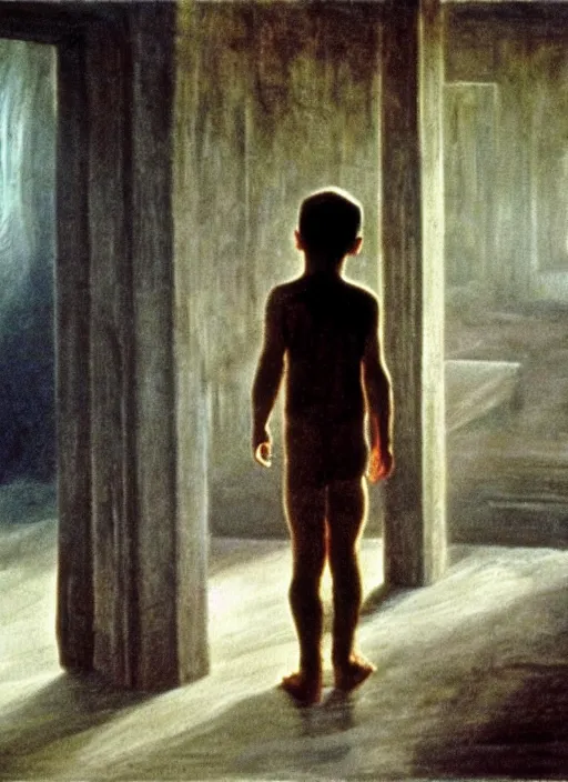 Prompt: detailed expressive painting of a boy in a hall. masterpiece. still from a movie by Terrence Malick and Tarkovsky