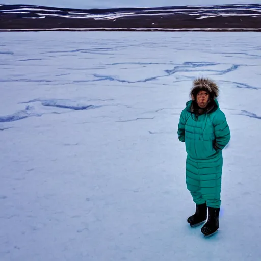 Prompt: portrait of an indigenous inuit standing on ice in the arctic tundra littered with plastic bottles