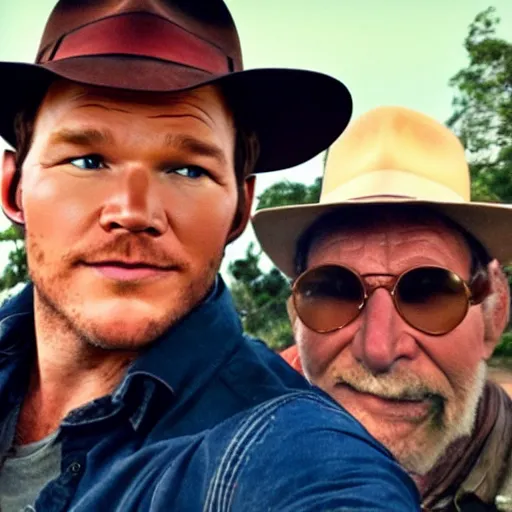 Image similar to chris pratt as indiana jones taking a selfie with an old harrison ford, instagram, cinematic, natural lighting, genuine smile, perfect angle