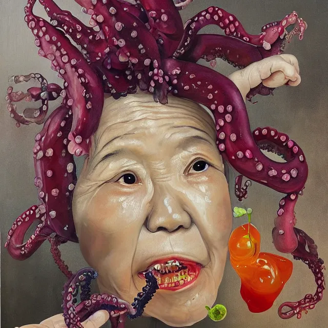 Prompt: portrait of a japanese old lady, sensual, plum blossom, squashed berries dripping, octopus, scientific glassware, dripping fruit, houseplant, oxygen tank, candlelight, neo - impressionist, surrealism, acrylic and spray paint and oilstick on canvas