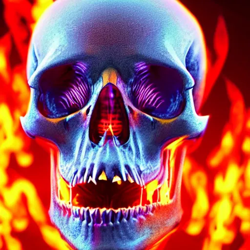 Image similar to a highly detailed human skull covered with intricate designs with fire for eyes on fire in front of a neon blue background, 3 d, depth of field, colorful, octane render, symmetrical, hyper realism, highly detailed, digital art, artstation, concept art, cinematic lighting, trending