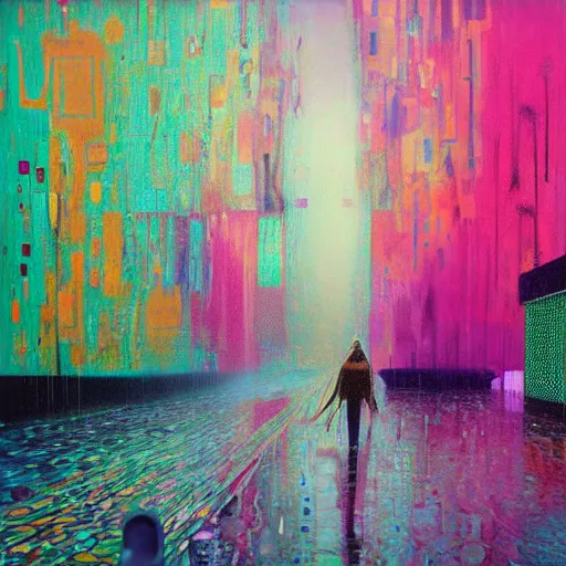 Image similar to rain like a dream, oil painting, cyberpunk, basquiat + francis bacon + gustav klimt + beeple, elevated street art, fantasy lut, textural, pink, blue, purple, green,