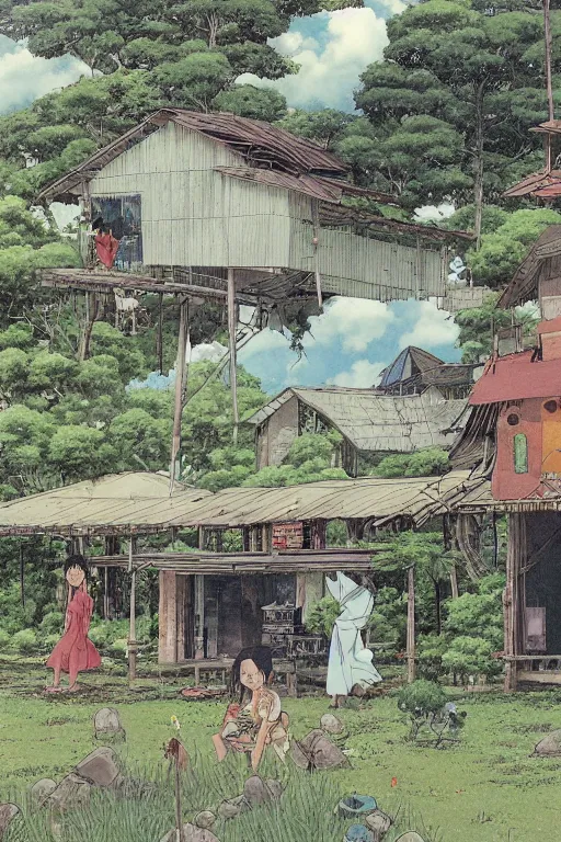 Image similar to beautiful anime illustration of a rural philippines home, by moebius, masamune shirow and katsuhiro otomo