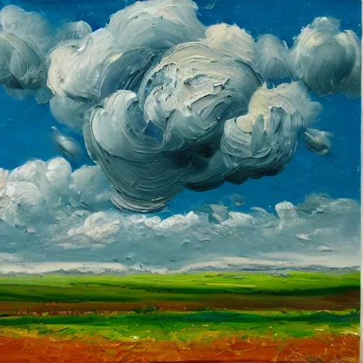 Prompt: oil paint impasto reliefs of summer fields painted with thick heavy expressive paint and cumulus clouds, less thick expressive paint, some splattered paint