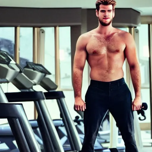 Prompt: a realistic detailed photo of a guy who is an attractive humanoid who is half robot and half humanoid, who is a male android, actor liam hemsworth, shiny skin, posing like a statue, blank stare, at the gym, on display, showing off his muscles