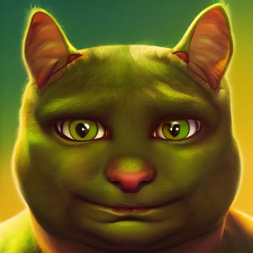 Image similar to hybrid of cat and shrek, half shrek - half cat, digital art, photo realistic, highly detailed, art by george stubbs, anton fadeev, james gurney, ilya kuvshinov