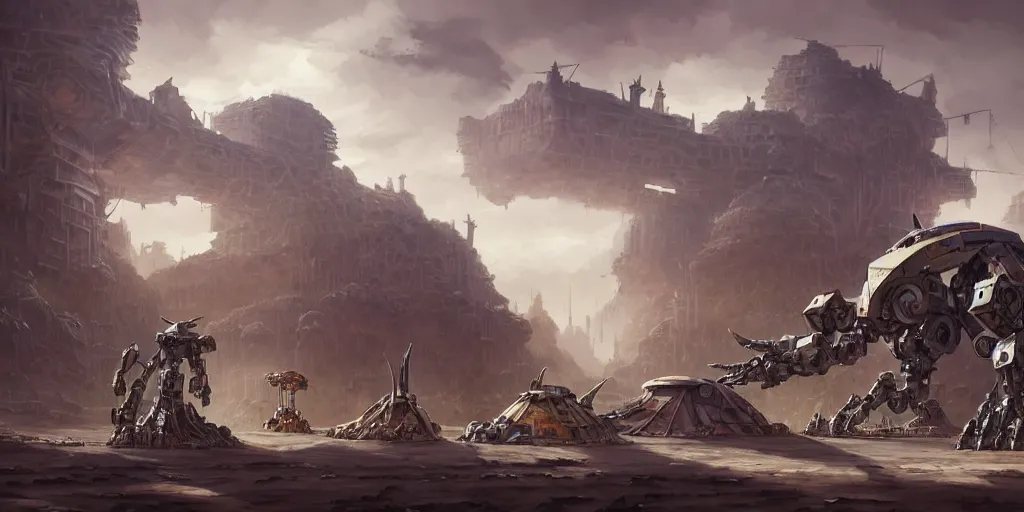 Prompt: mecha creatures in a merchant town, tents, matte oil painting, retrofuturistic, concept art, quarrying, science fantasy, mutant, lgbt, queer, rpg, epic, rusted, white salt, badlands, jungles, dungeons & dragons, sacred, sharp focus, award - winning, extremely detailed, 4 k, 8 k