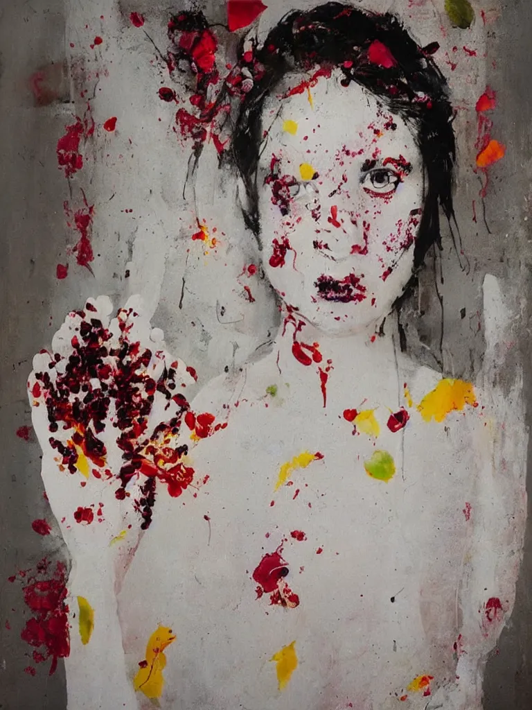 Image similar to “art in an Australian artist’s apartment, portrait of a woman wearing loose white cotton clothing, stained with fresh berries and maple syrup, edible flowers, acrylic and spray paint and oilstick on canvas”