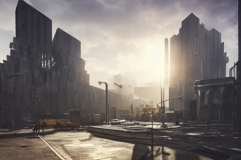 Image similar to streetscape, a towering cathedral of brutalist architecture, buildings covered with greebles, stunning volumetric light, sunset, metal, concrete and translucent material, stunning skies, majestic landscape, trending on Artstation, 8k, photorealistic, hyper detailed, unreal engine 5, IMAX quality, cinematic, epic lighting, in the style of Greg Rutkowski