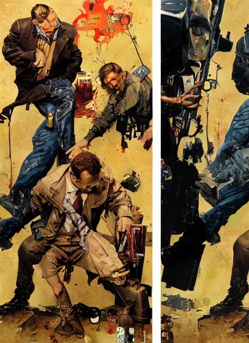 Image similar to full body and head portrait of huge markus ruhl in tattered suit and trench coat, dynamic action, painted by norman rockwell and phil hale and greg staples and tom lovell and frank schoonover and jack kirby