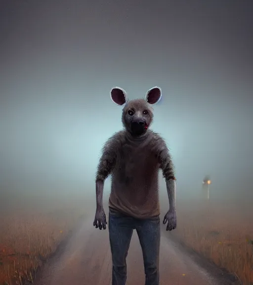 Image similar to foggy dirt road portrait of furry anthro anthropomorphic spotted hyena head animal person fursona wearing clothes horror gloomy digital art bokeh depth of field photo by Greg Rutkowski, Simon Stalenhag, christopher nolan trending on Artstation, CGSociety