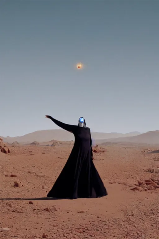 Image similar to levitating bene gesserit with full - face golden mask and glowing eyes in a dry rocky desert landscape, visible sky and sunny atmosphere, fata morgana giant mirrors, black star in the sky by alejandro jodorowsky and christopher doyle, anamorphic lens flares, kodakchrome, cinematic composition, practical effects, 8 k,