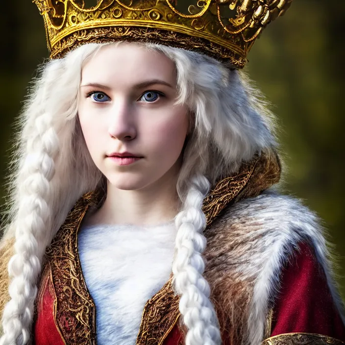 Image similar to portrait photograph of a real-life extremely beautiful!! young adult nordic queen with ornate cloak and crown, looking at the camera!!. Extremely detailed. 8k