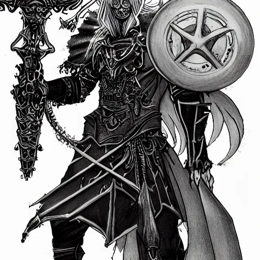 Image similar to character art of xenvas xerulas, dark elf pale master and commander of the bone legion. dnd character art in the style of michael william kaluta and wayne reynolds.